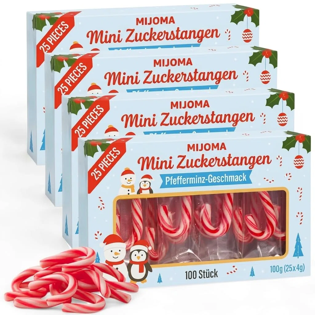 MIJOMA Mini Zuckerstangen 100 piezas – Sabor a menta – Dulce navideño – Paquete de 4 x 25 unidades – vegano halal sin gluten – rojo-blanco – clásicas Candy Canes
