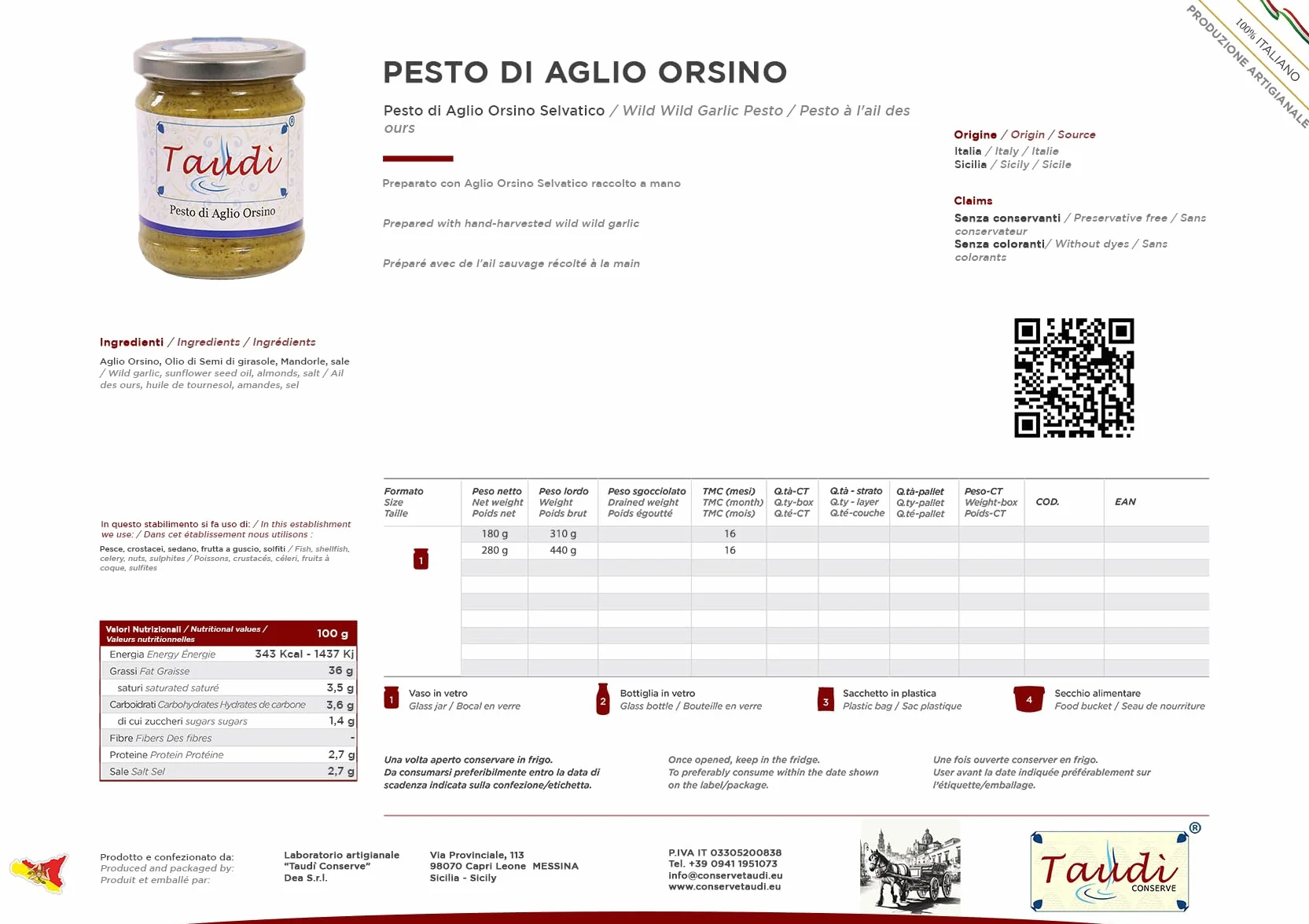 Taudì Conserve Pesto de Ajo Silvestre (Ajo Ursino) Siciliano – Condimento 100% Natural, Artesanal, Gourmet para Pasta, Bruschetta y Recetas Gourmet – Frasco 180 g