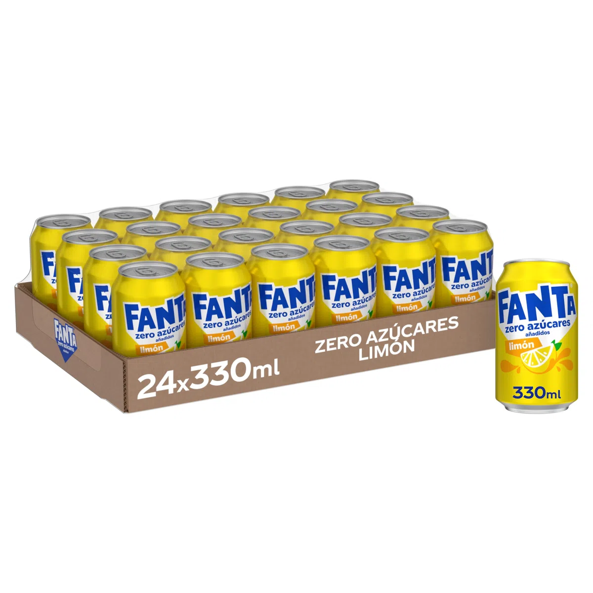 Fanta Limón Zero Azúcar, Refresco de Limón Elaborado a partir de Zumo, Bajo en Calorías- Lata 330 ml Pack de 24