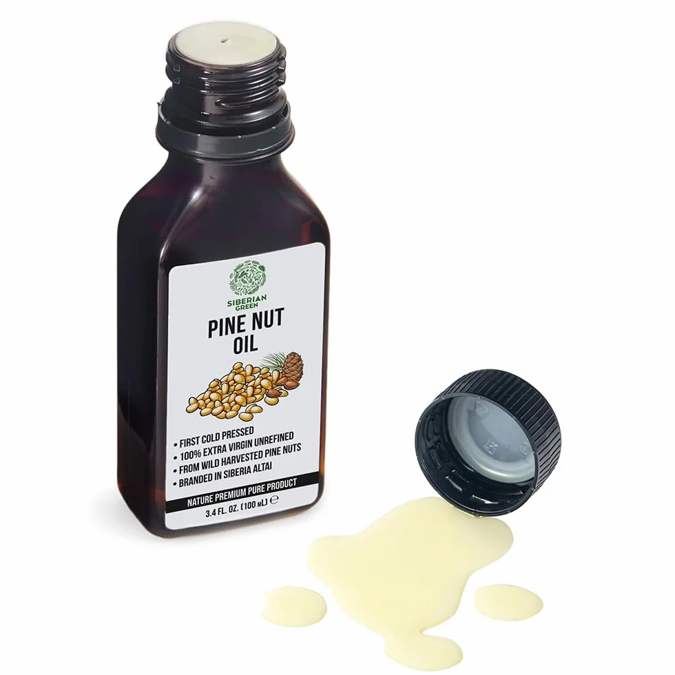 Aceite de nuez de pino siberiano 3.4 fl.oz / 100ml crudo extra virgen sin refinar, primer prensado en frío de piñones recolectados en el medio silvestre