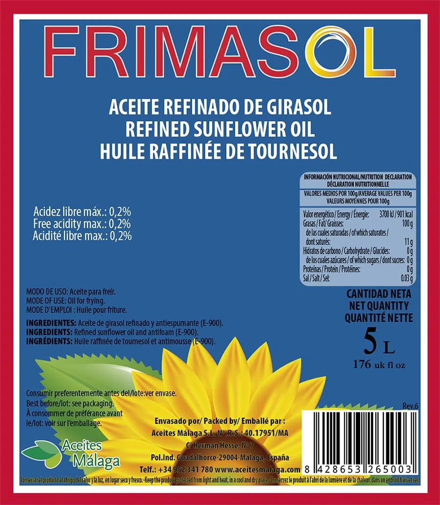 Aceite Refinado de Girasol FRIMASOL PET Garrafa Transparente Asa Amarilla 5L