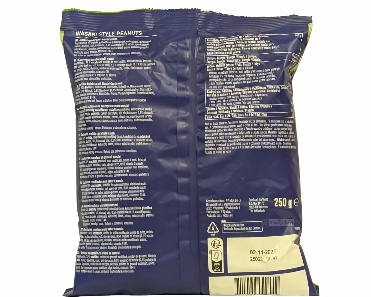Pack 2×250 g Wasabi Style Peanuts “Snacks of the World” – Cacahuetes crujientes recubiertos de wasabi picante | Snack oriental premium, bolsa grande resellable