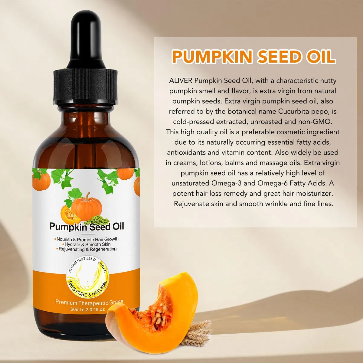 Aceite orgánico de semilla de calabaza para el crecimiento del cabello, cara y cuerpo, aceite 100% puro prensado en frío sin refinar
