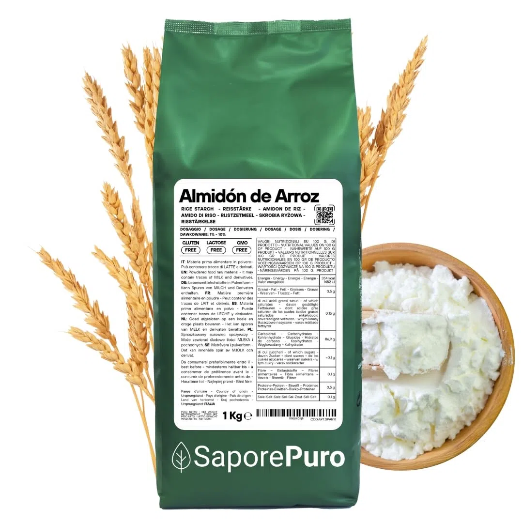 SaporePuro Almidón de Arroz Natural 1000 g – 100% Italiano, Sin Gluten, Ideal para Cosmética Natural, Postres y Salsas