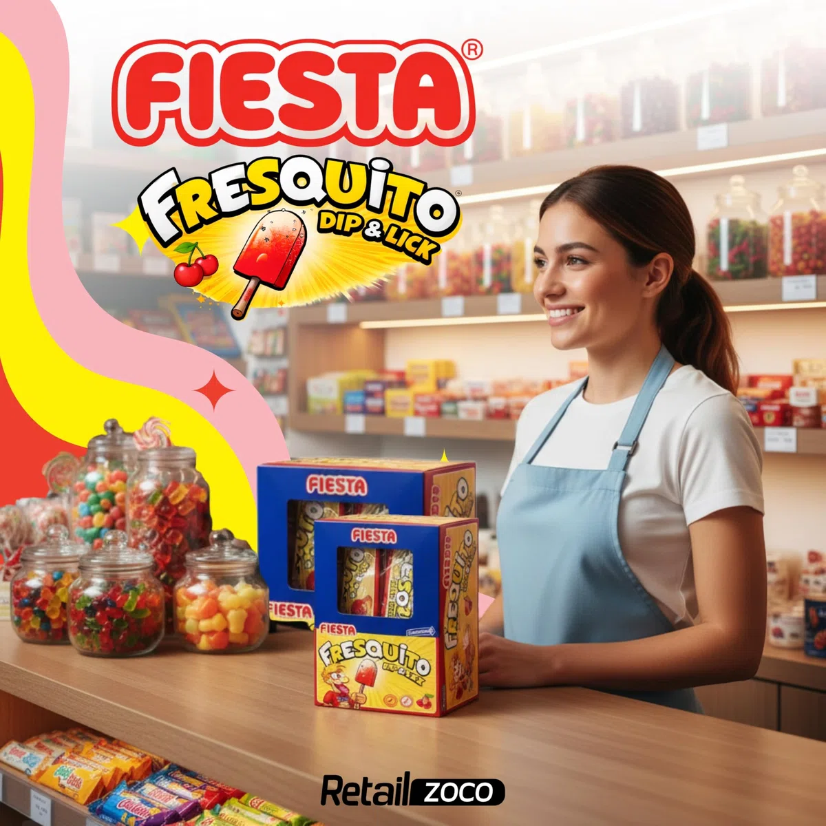 Fresquito sabor Cereza, Caramelo con palo y polvo acidulado, sin gluten, sin huevo y sin lactosa es completamente apto para celíacos, Contiene 1 caja con 40 unidades