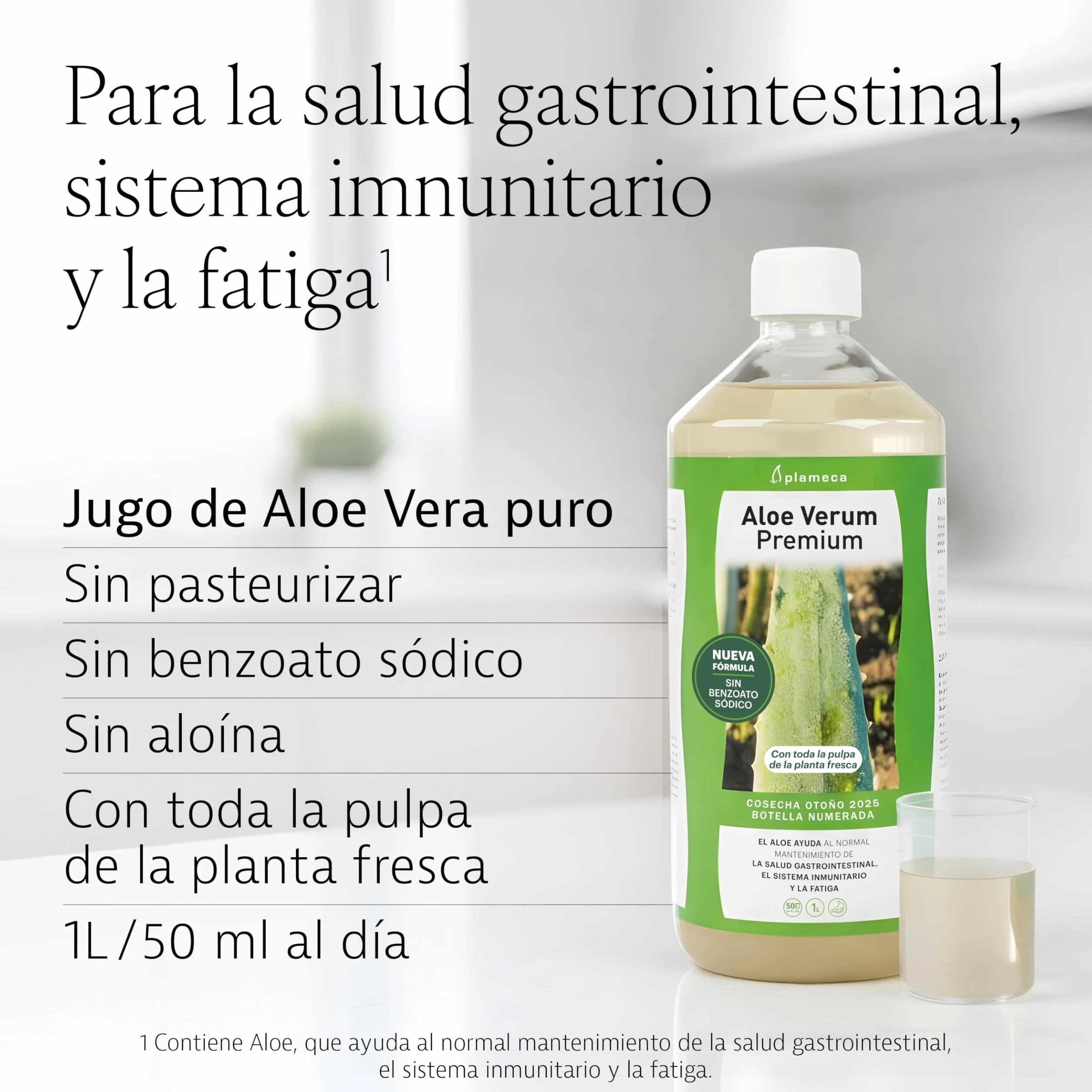 PLAMECA - Aloe Verum Premium, Aloe Vera Bebida, Jugo, Zumo, Sin Pasteurizar, Sin Edulcorantes, en Frío, Ayuda a la Salud Gastrointestinal, el Sistema Inmunitario y ante la Fatiga, Sabor Puro - 1 L