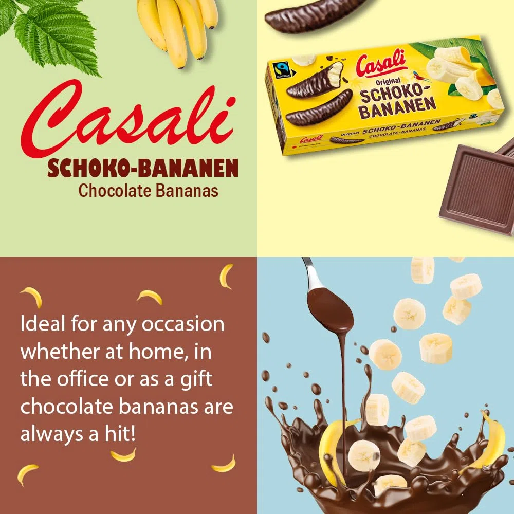 Casali Schoko Bananen - Irresistibles golosinas de plátano recubiertas de chocolate - 48 piezas, 600 g - 6x