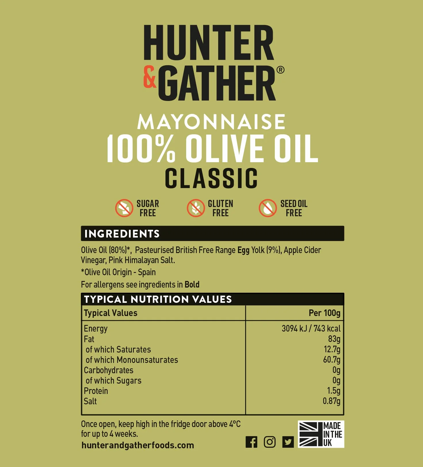 Hunter & Gather Mayonesa de Aceite de Oliva 630g | Hecha con Yema de Huevo Campero Británico | Mayonesa Paleo, Keto, Libre de Azúcar y Gluten | Libre de Saborizantes Artificiales