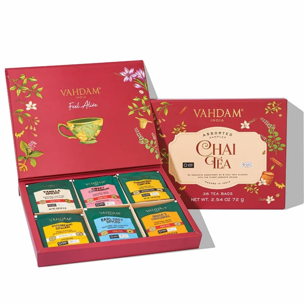 VAHDAM Caja De Regalo Variada De Té Chai (6 Sabores, 36 Bolsas) Con Cafeína, Sin Gluten, Sin OGM | Caja De Infusión De Con Mezclas De Indio Masala Chai