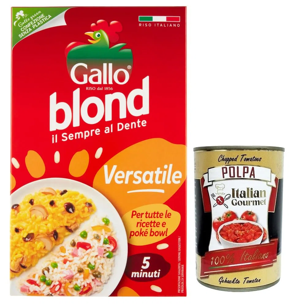Gallo Riso Blond Versatile,100% arroz italiano, tiempo de cocción 5 minutos, ideal para todas las recetas, paquete de 1 kg + lata italiana Gourmet Polpa di Pomodoro de 400 g