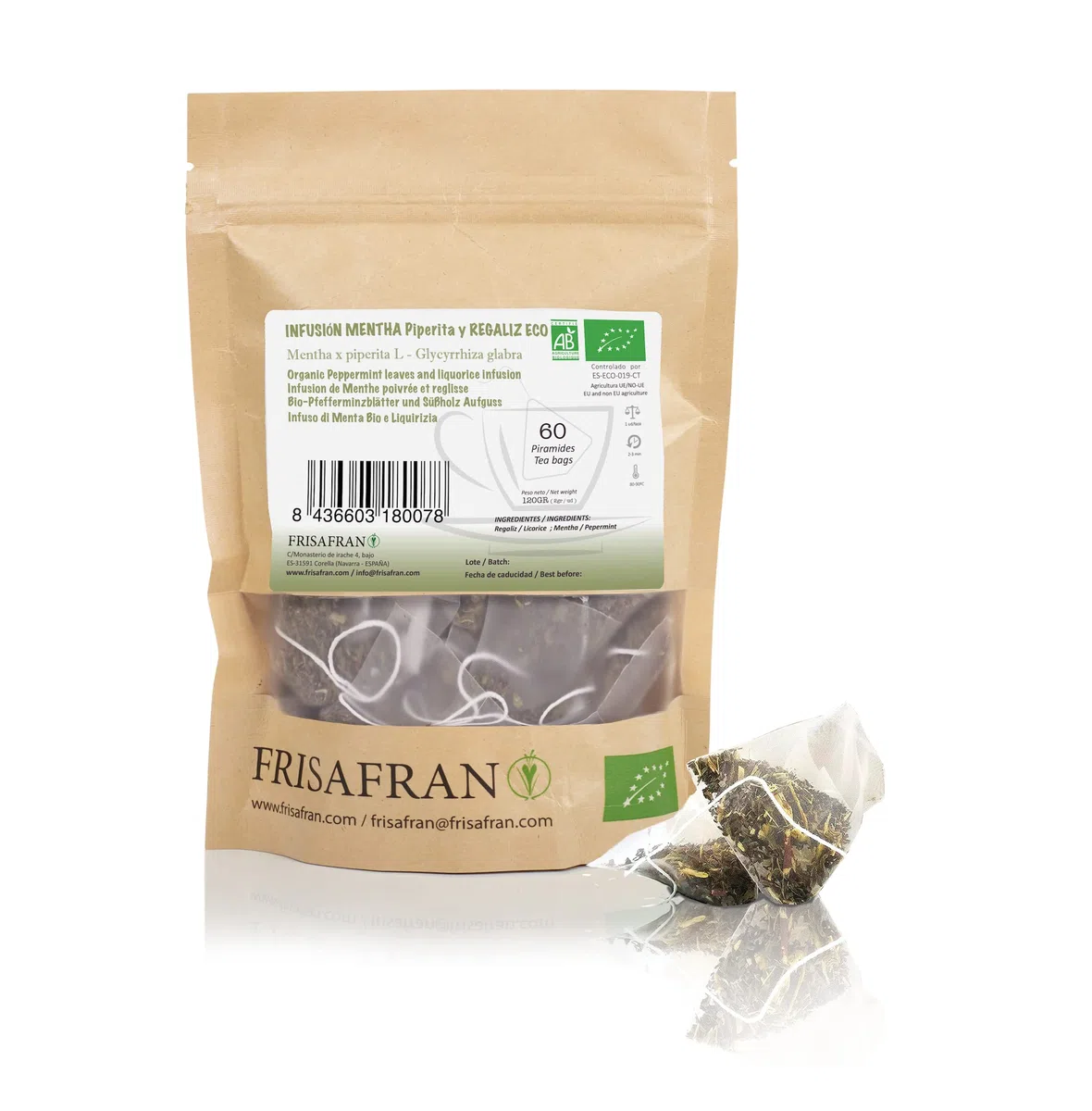 FRISAFRAN | Infusión de Raíz de Regaliz y Menta Ecológica 60 Uds | 120g | Biológica | Digestiva | Té de Regaliz Natural | Directamente del Productor | Origen España
