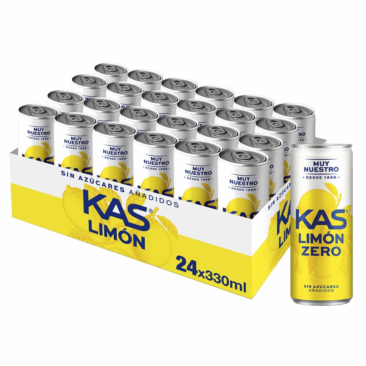 KAS Limón Zero Refresco con Zumo de Limón Sin Azúcares Añadidos, Latas 330 ml Pack 24
