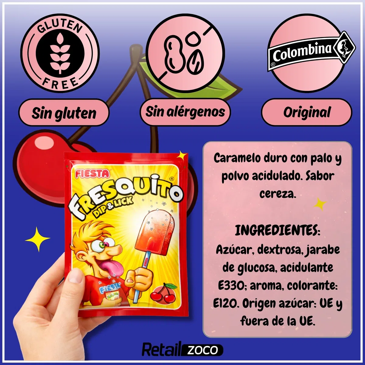 Fresquito sabor Cereza, Caramelo con palo y polvo acidulado, sin gluten, sin huevo y sin lactosa es completamente apto para celíacos, Contiene 1 caja con 40 unidades