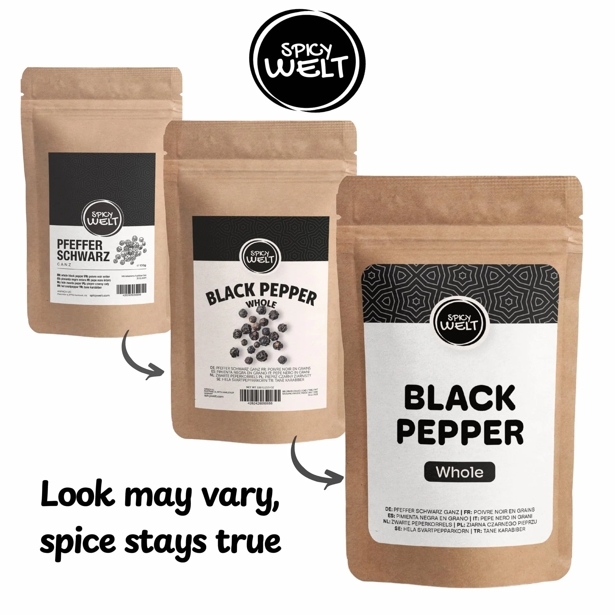Spicy Welt Pimienta Negra en Grano (1kg) – Granos de Pimienta para Molinillos – para Sopas, Salsas & Verduras Asadas | Aromático, Intenso & Fresco | 100% Natural, Sin Aditivos
