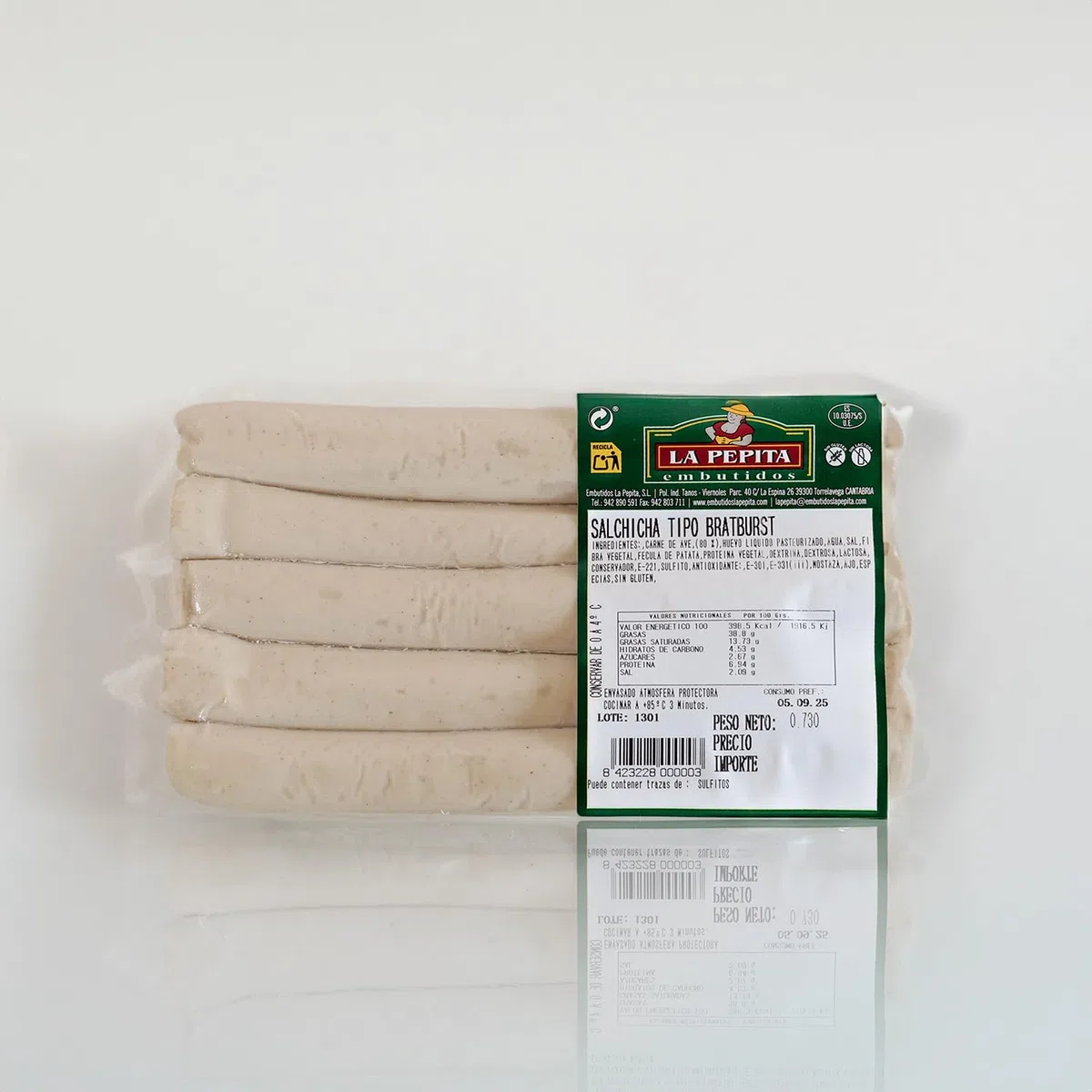 EMBUTIDOS LA PEPITA – Bratwurst Artesanal de Cerdo | 10 Unidades envasadas al vacío | 650 gr | Receta Tradicional Alemana | Sabor Intenso | Producto Cocido | Sin OGM | Fabricado en España