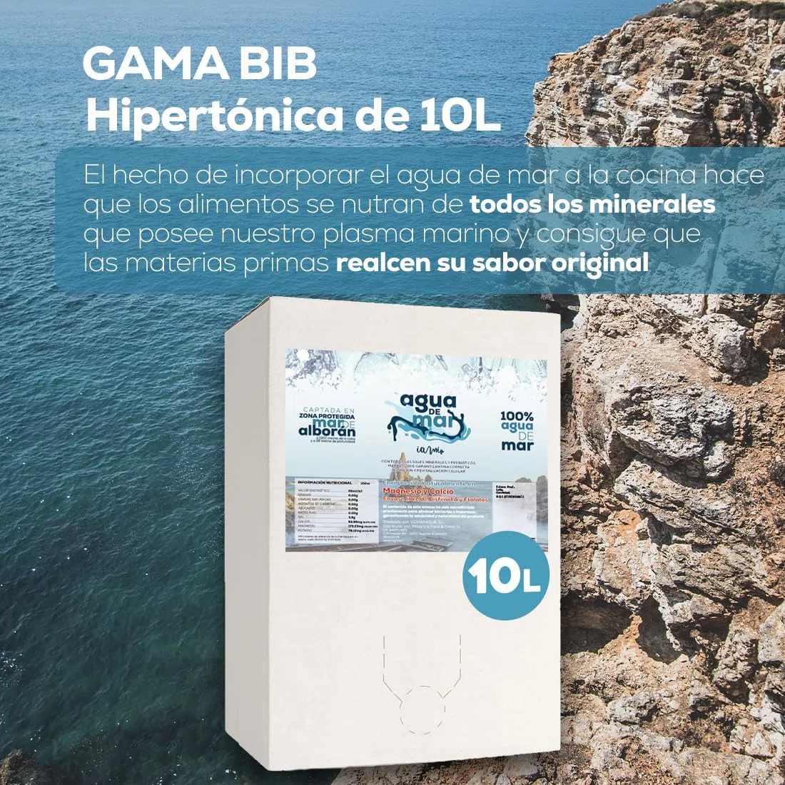 Agua de Mar 100% Natural e Hipertonica del Mar de Alborán - Para Cocinar, Rica en Magnesio y Calcio - Microfiltrada - Alternativa Saludable a la Sal (BiB 10 litros)