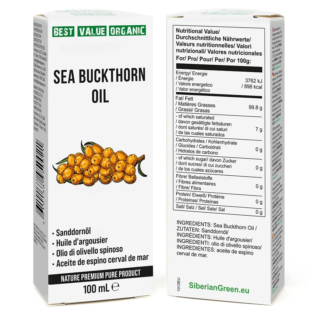 Aceite de espino amarillo siberiano 3.4 oz líq. / 100 ml virgen extra crudo sin refinar, primer prensado en frío a partir de semillas y bayas de espino amarillo recolectadas en el medio silvestre