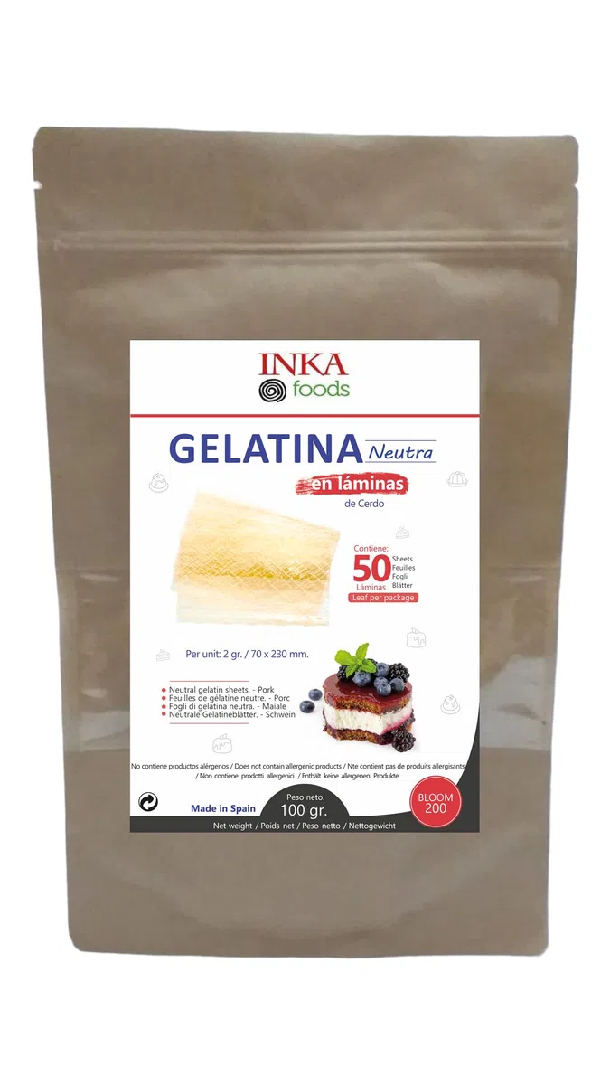 Gelatina de cerdo en laminas, sabor neutro - grado profesional - 50 laminas