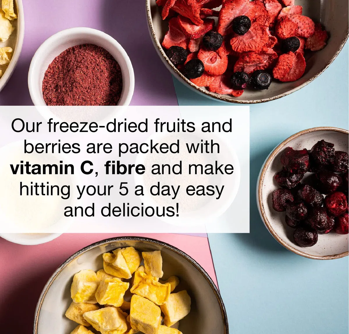 Tasty Freeze Dried Fruit 60 g (4x11 g 1x16 g) - 5 Snack Bags - Strawberries, Raspberries, Pineapples, Blueberries & Apples - No Added Sugar, 100% Natural Freeze Dried Fruit Snack For Kids & Adults
