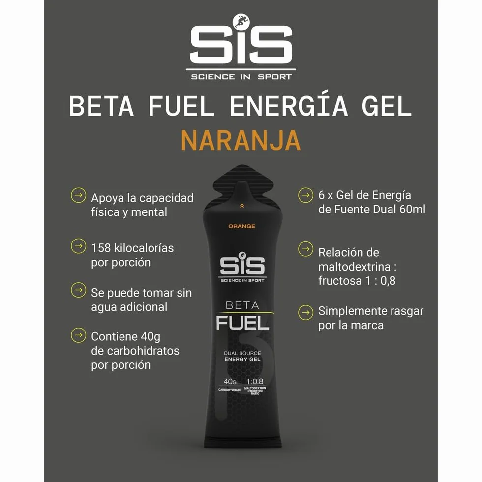 Science in Sport BETA Fuel Dual Source Gel 6x60ml Naranja - Gel energético rico en carbohidratos con 40g de hidratos de carbono - Energy gel de fácil digestión para un rendimiento óptimo