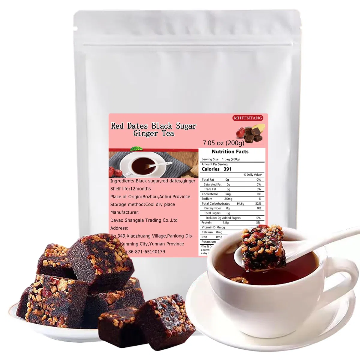 Hecho a mano viejo azúcar moreno Jengibre Té de dátiles rojas 200g Azúcar negro Jujube Cubos de jengibre Té de azúcar