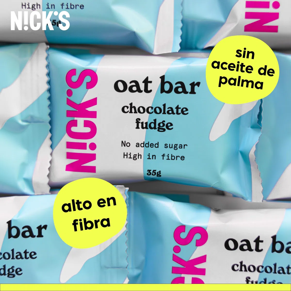 NICKS Barritas de avena con fudge de chocolate, snack flapjack tradicional, barra de avena rica en fibra y sin azúcares añadidos (12x35g)