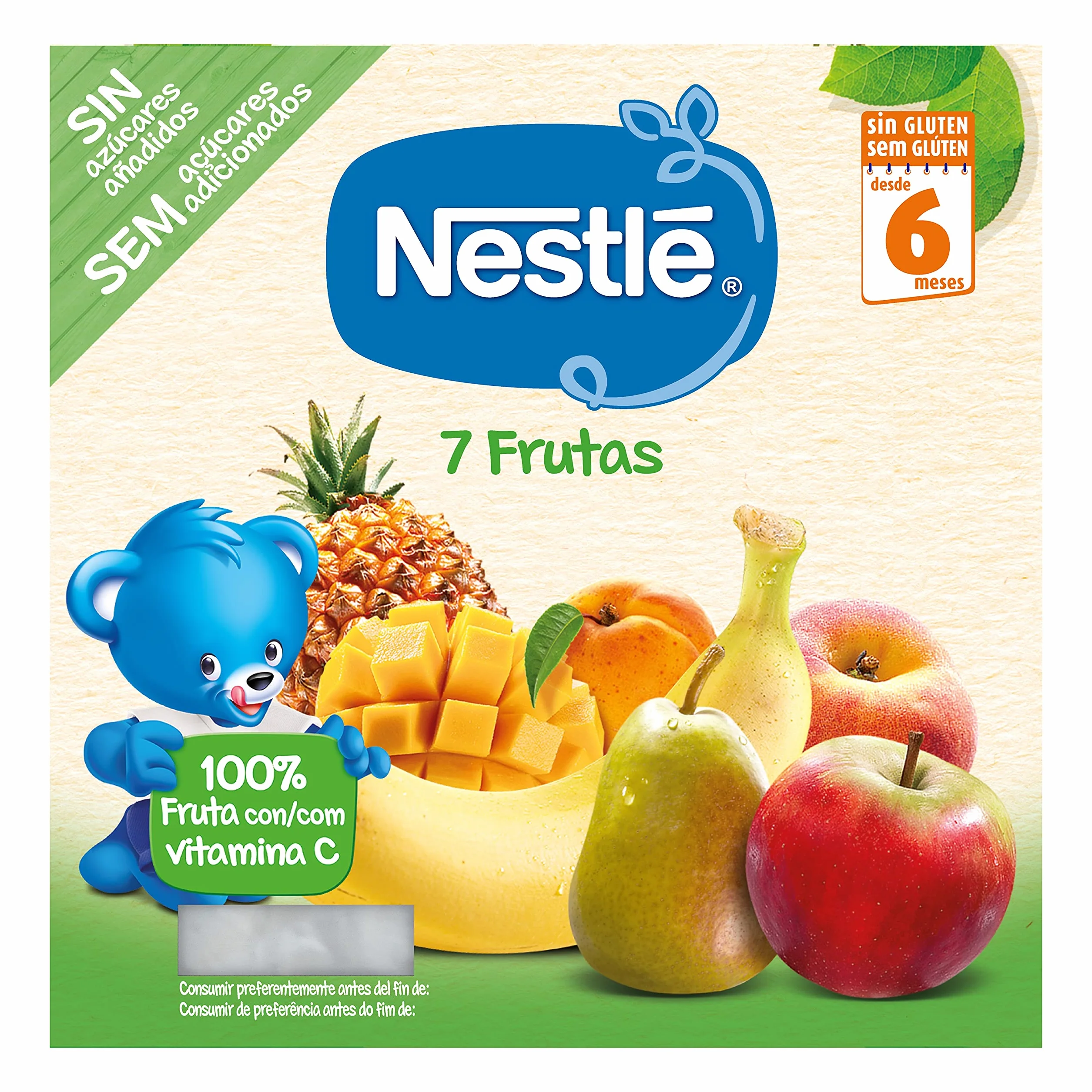 NESTLE Puré 7 Frutas, desde 6 meses, Pack Tarrinas Pack de 6 (4x100g), Fórmula mejorada