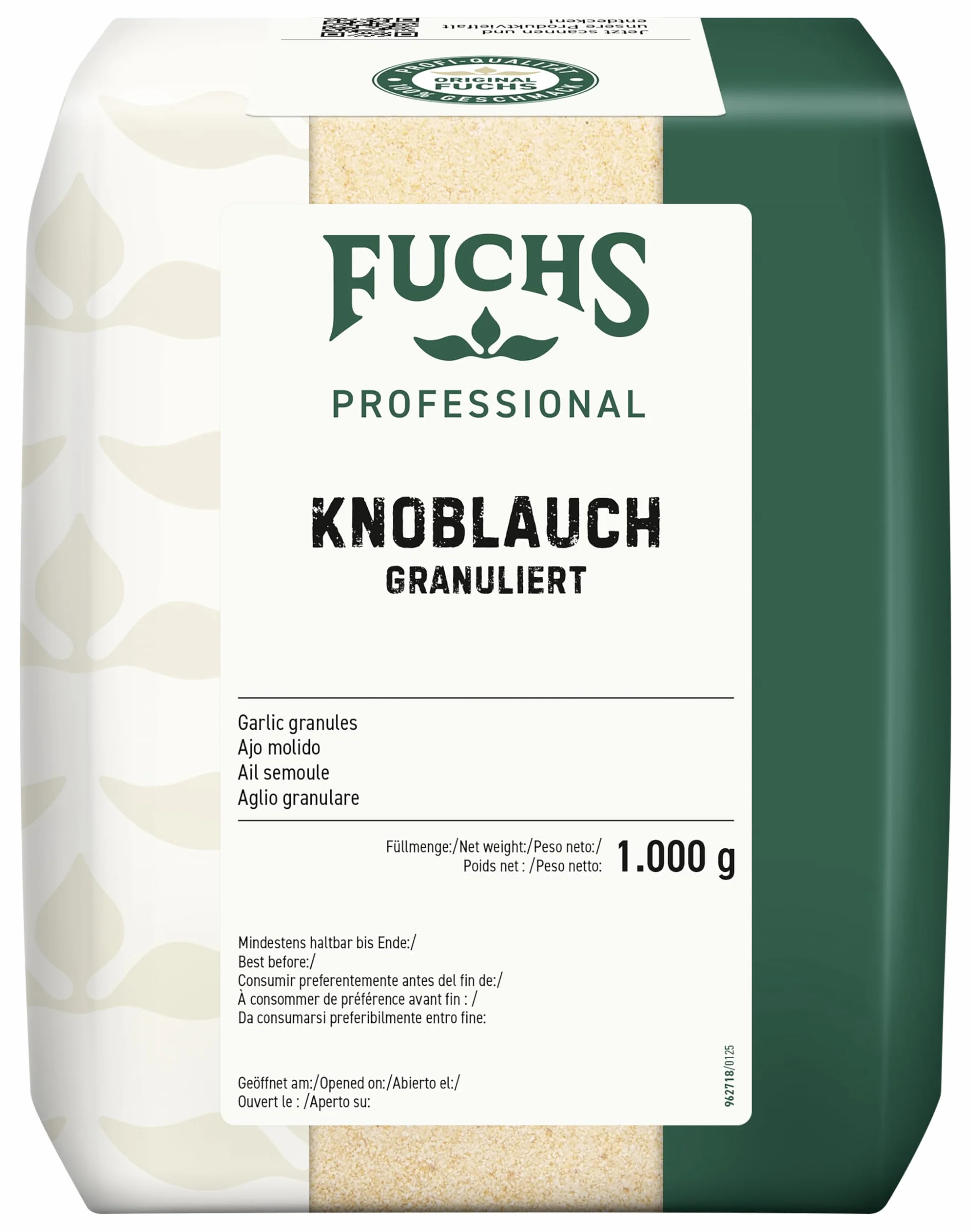 Fuchs Professional - ajo granulado | 1 kg en bolsa reciclable | Ajo en polvo para condimentar platos de carne, verduras y pescado | Calidad profesional para consumidores a granel y gastronomía