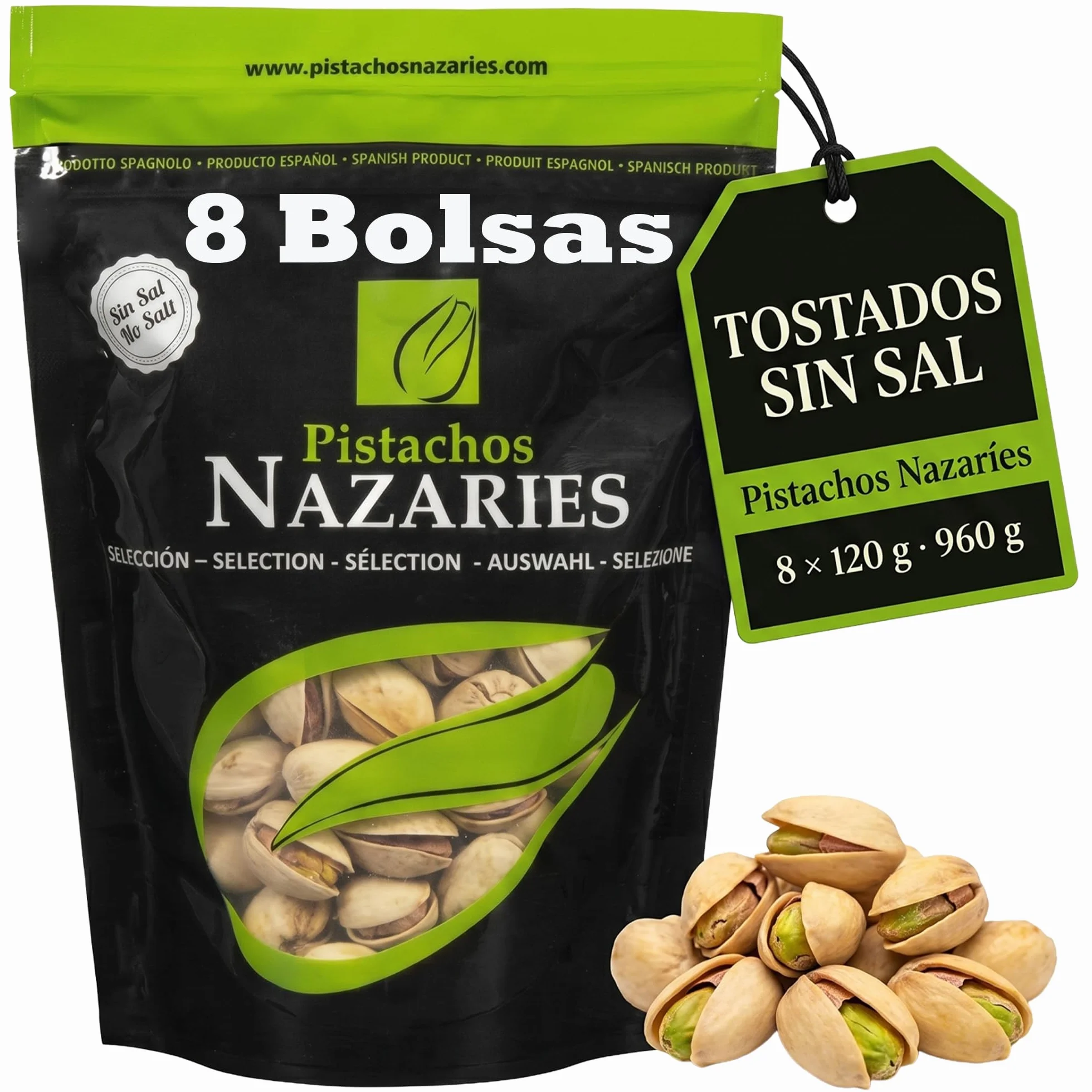 PISTACHOS NAZARIES Pistachos Tostados Sin Sal 8 x 120 g Pistacho Español Cultivo Propio Andalucia Malaga Snack Saludable Fitness Sin Gluten Frutos Secos Aperitivo Individual Para Llevar Gym Oficina